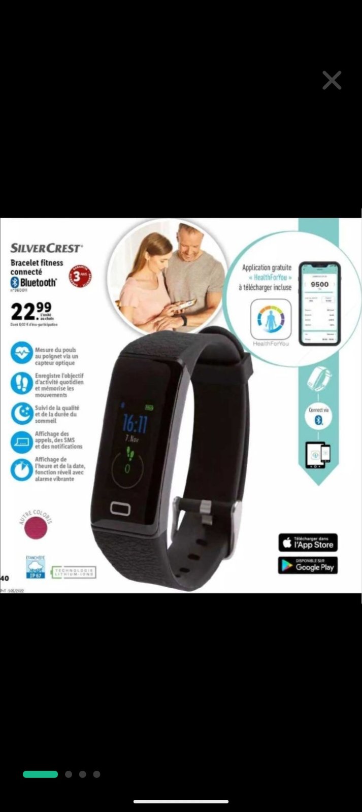 Bracelet fitness Silver Crest connecté  SaS 89 , fonction Bluetooth, avec app. Enregistre les pas effectués, les kilomètres parcourus, les calories dépensées, la durée d’activité, la durée de sommeil et mesure du pouls. 
