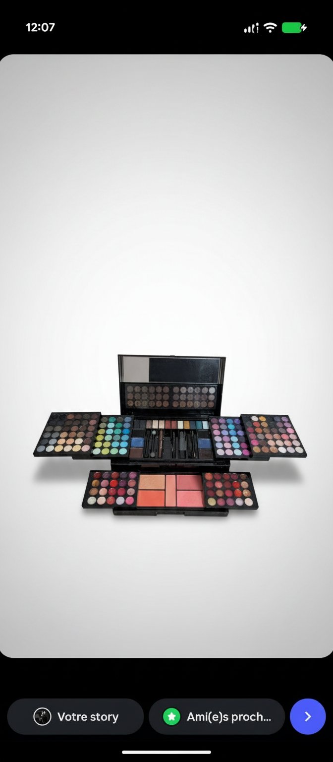 Grande palette de maquillage multi-niveaux, similaire aux coffrets XXL , marques Marionnaud , importer de France, pour l'utilisation la mascara manque et un gloss utilisé une 1 seule fois appart ça elle est toute neuf 