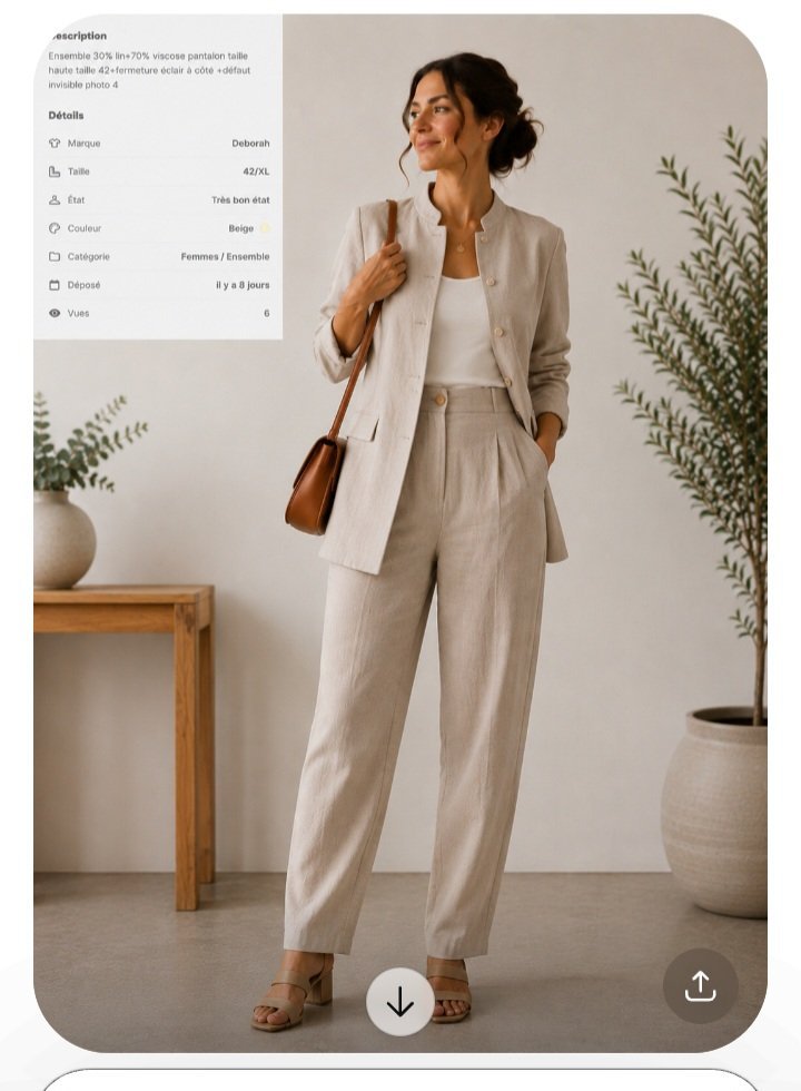 Ensemble 30% lin+70% viscose pantalon taille haute taille 42+fermeture éclair à côté +défaut invisible photo 4