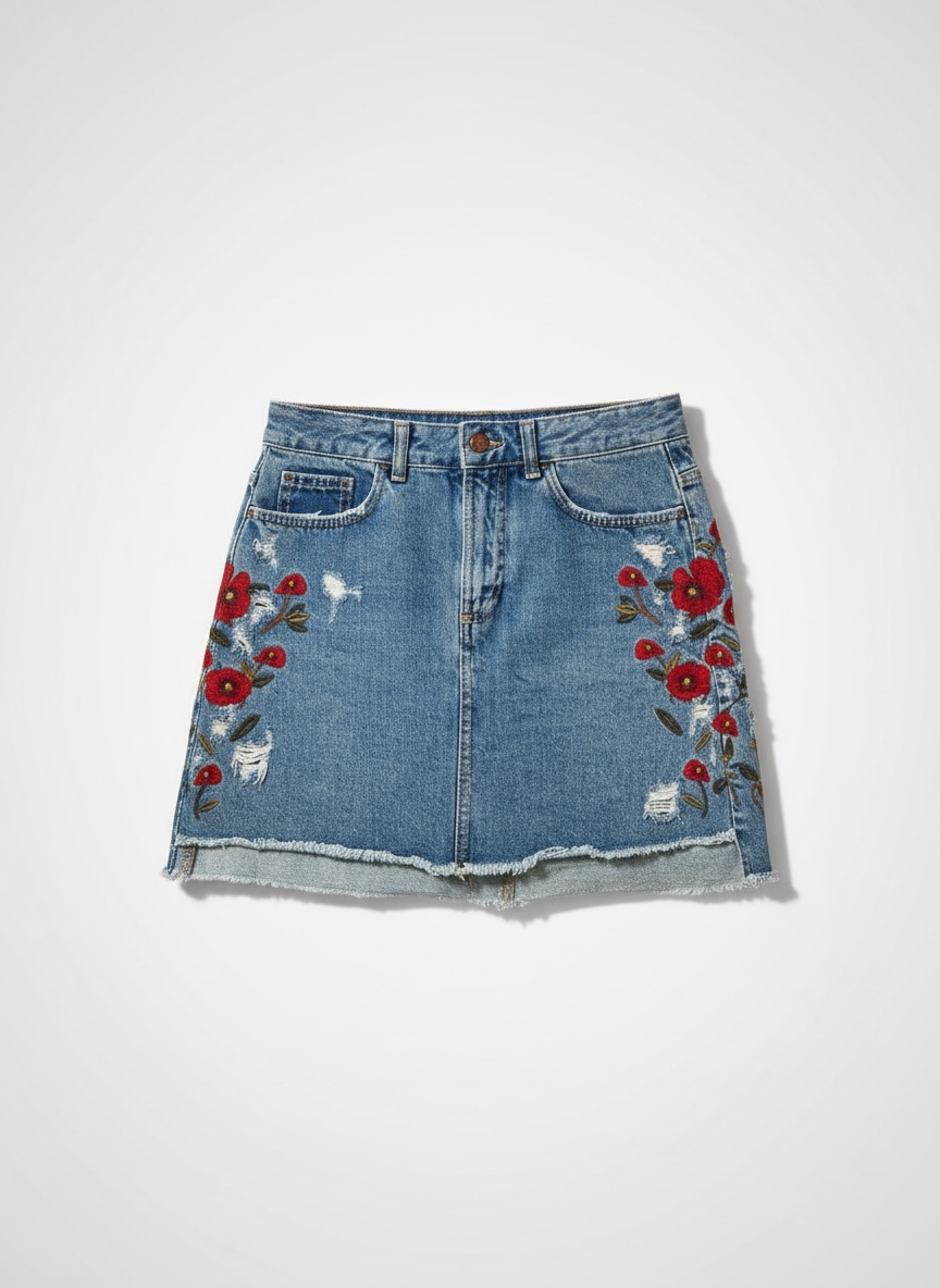 Minijupe en jean avec broderies fleurs Zara XS