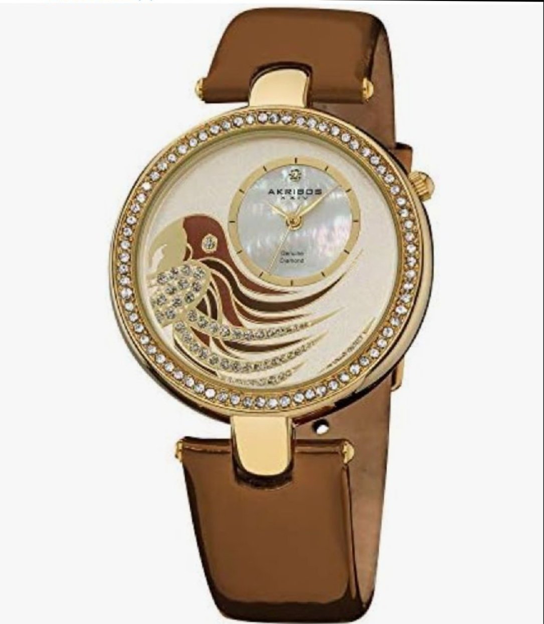 Montre Akribos XXIV Women's Diamond Parrot Dial (modèle AK602) avec un bracelet en cuir marron et un cadran orné d'un motif de perroquet en diamants