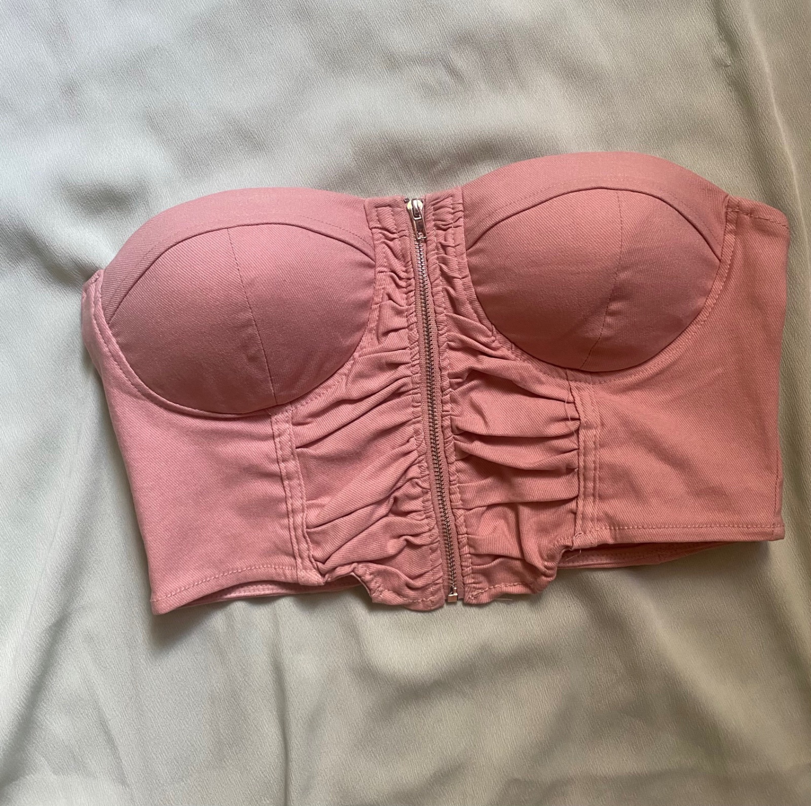 Top Bustier Corset Rose Poudré – Effet Froncé & Zip Frontal