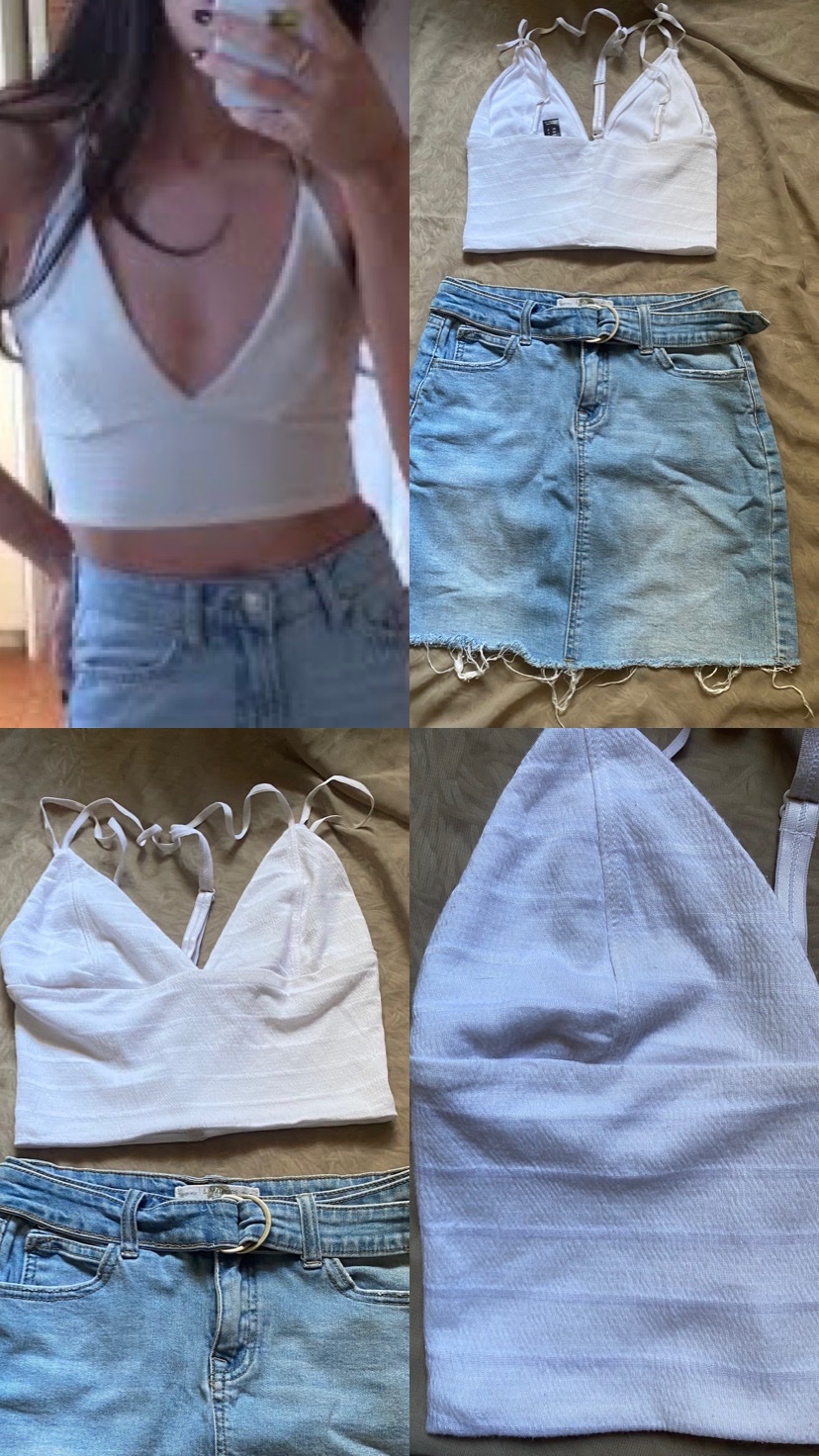 Lot d'un haut court blanc de style brassière +Crop Top Bershka et une mini-jupe en jean.