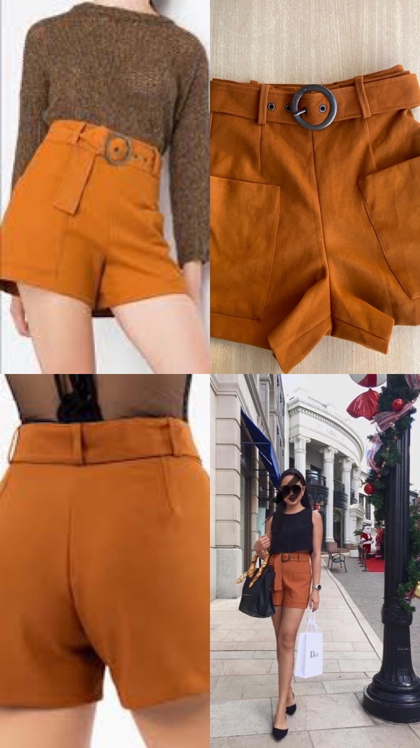 Short  ZARA Working Girl, taille haute ceinturé – Couleur Rouille / Terracota