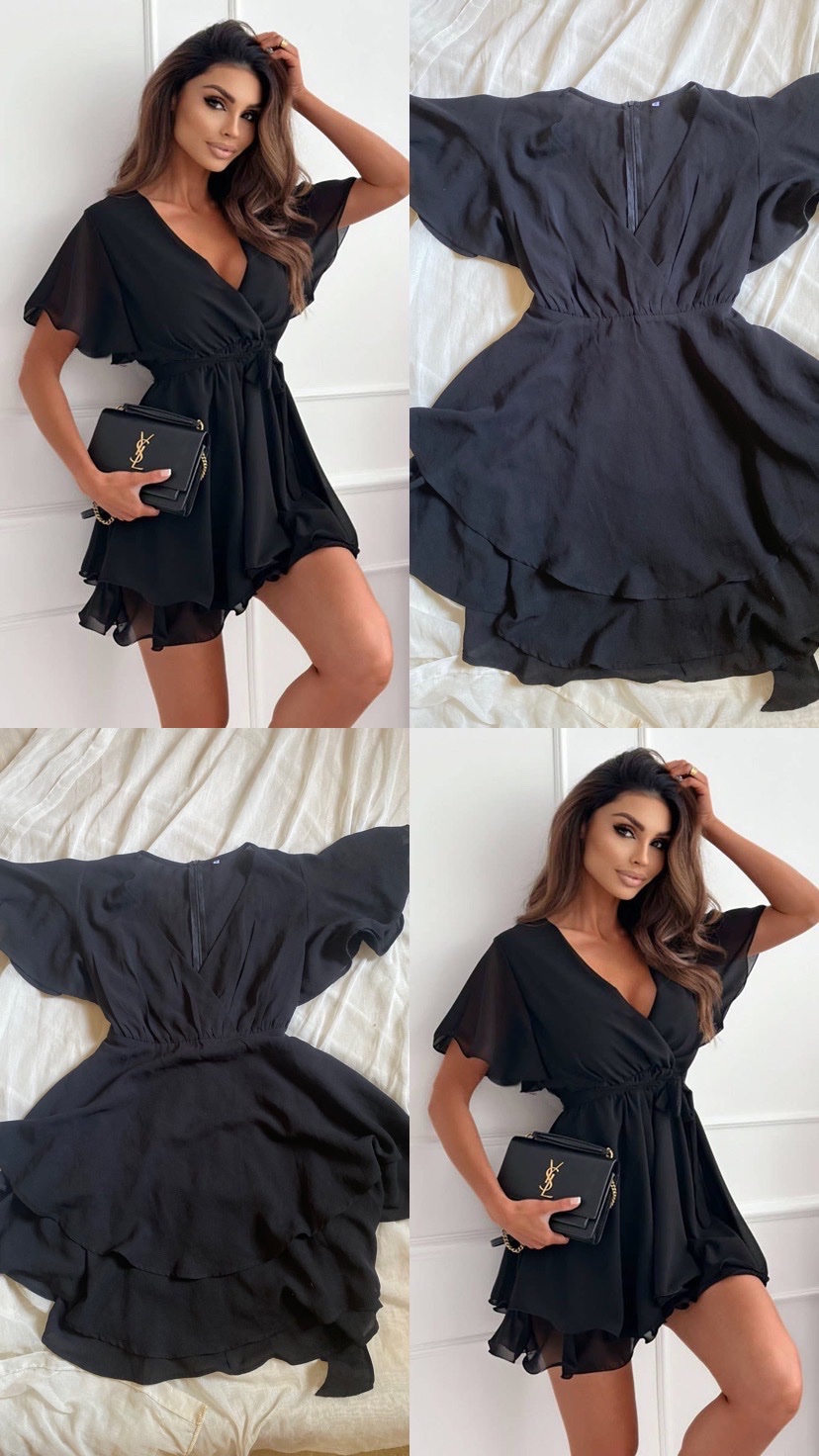 Petite robe noire fluide à volants – Col V & manches papillon (Taille S/M)
