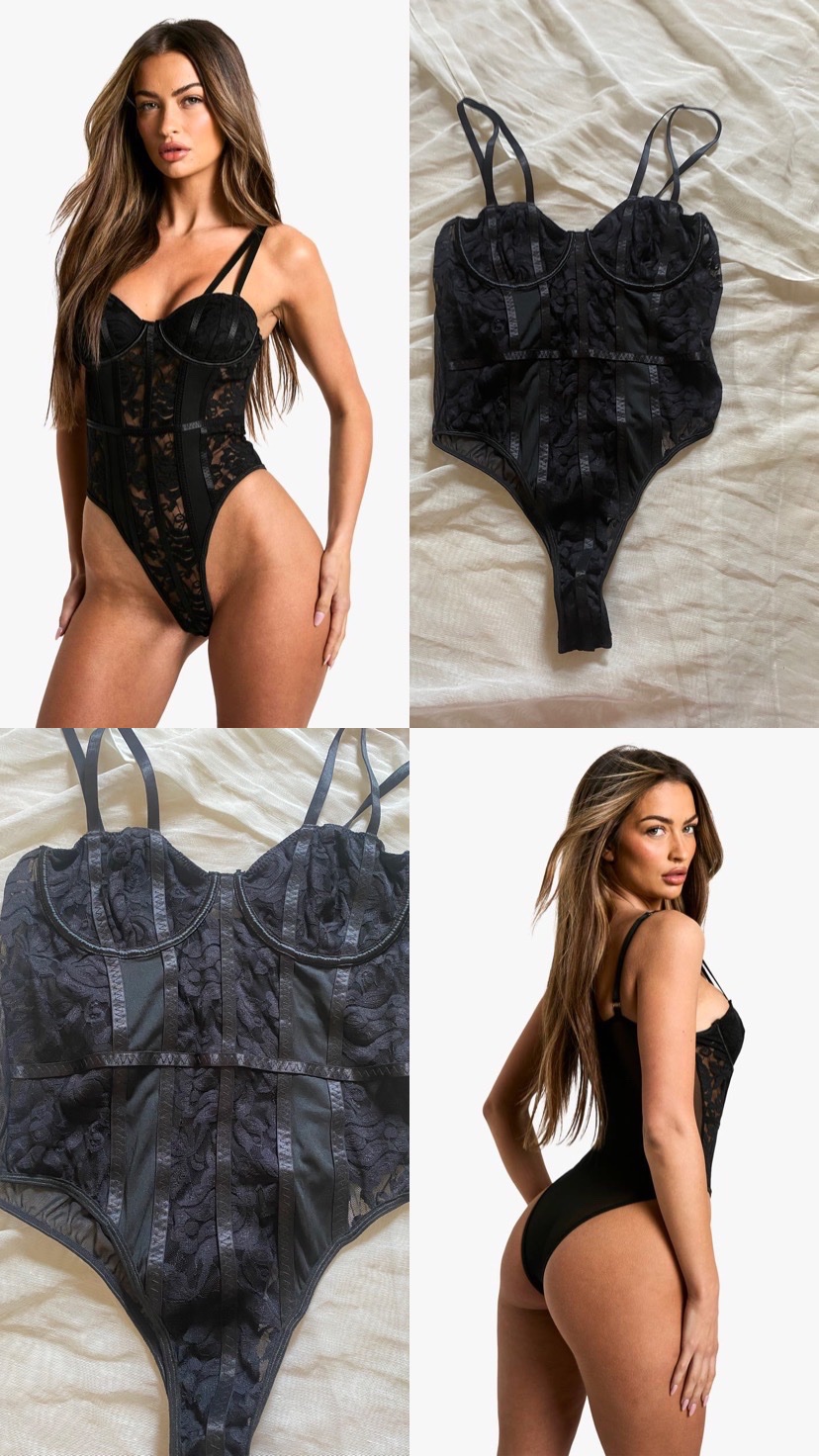 Body style corset en dentelle noire  & Résille Transparente – Look Soirée / Lingerie