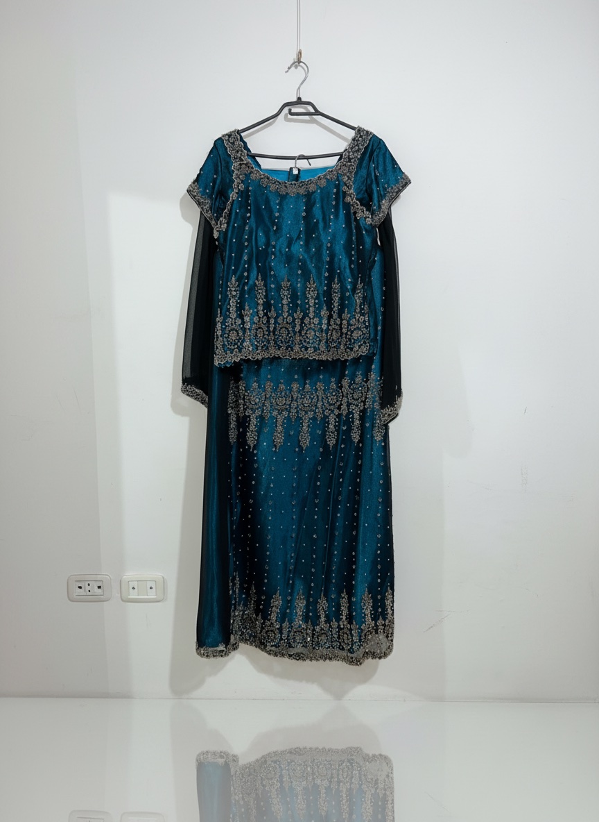 Sari brodé bleu paon avec chemisier