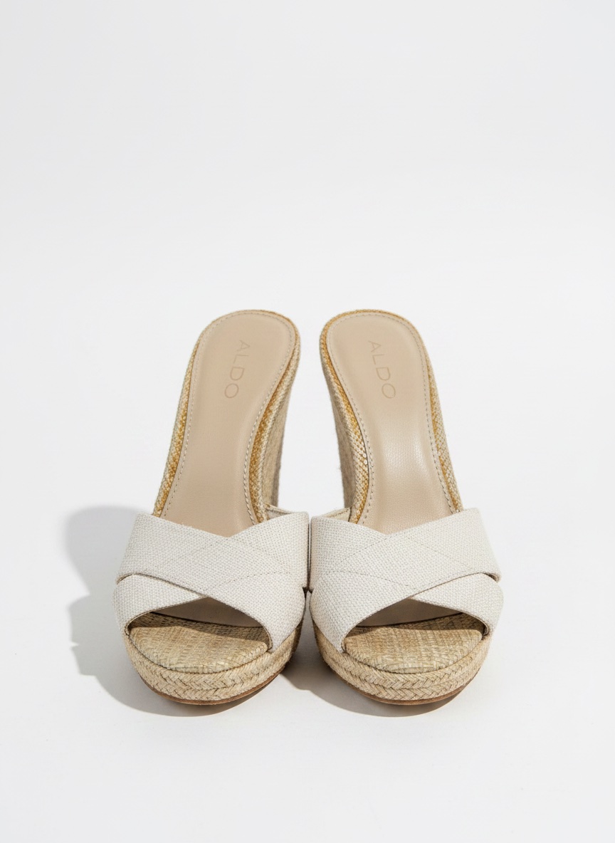 Sandales Aldo compensées en toile beige et raphia