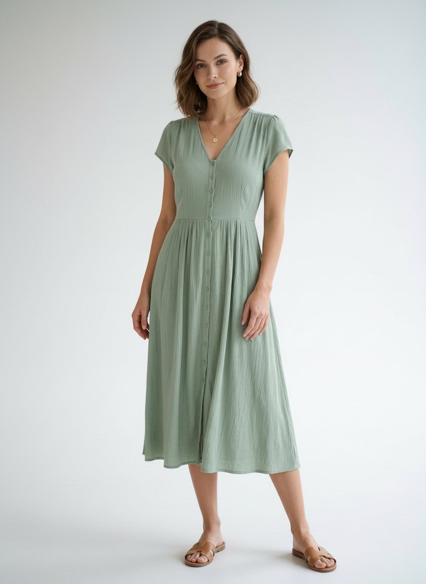 Robe maxi à pincettes vert d'eau 100%viscose satiné à boutons 