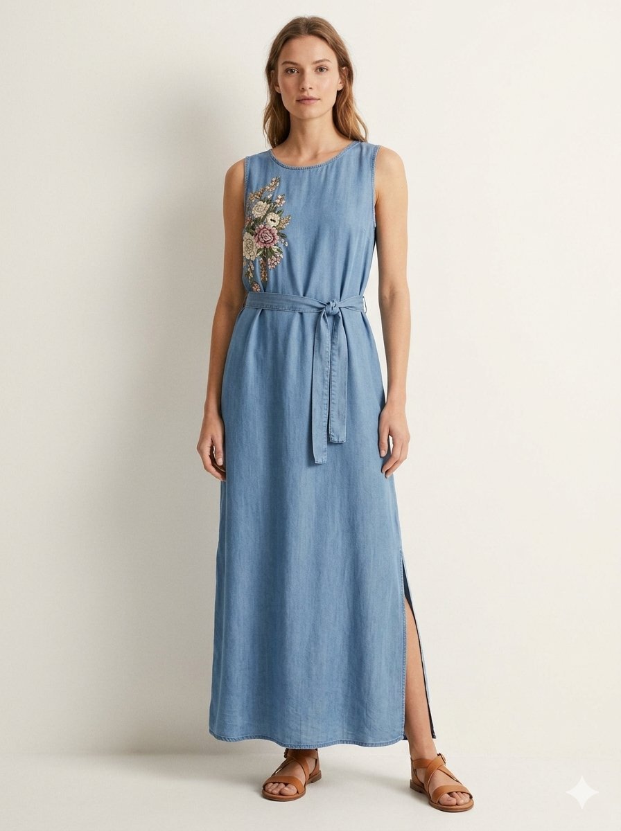 Magnifique robe maxi promod avec fente en devant et une broderie à droite