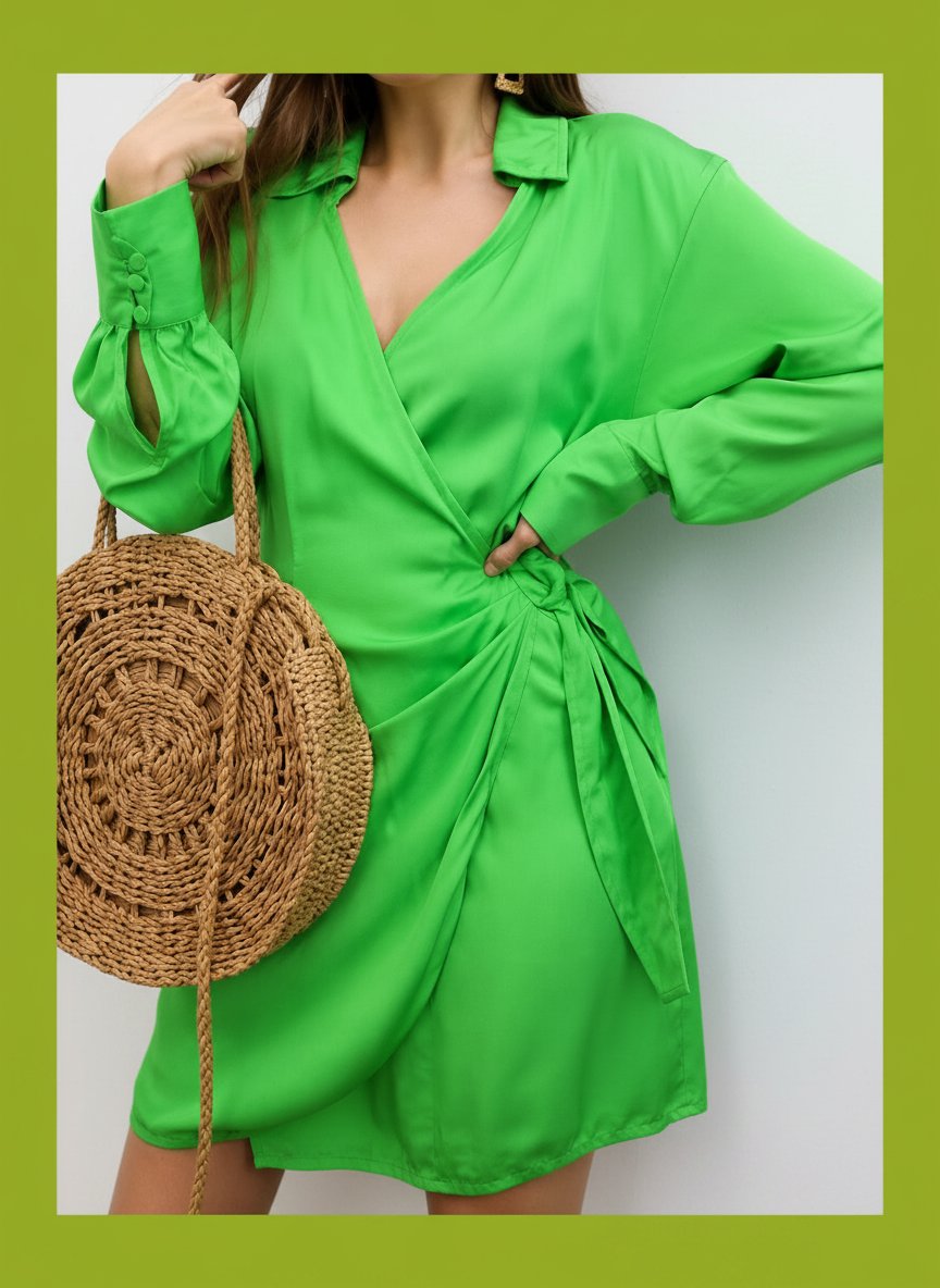 Titre Robe Cache-Cœur Verte Satinée taille L, de la marque H&M