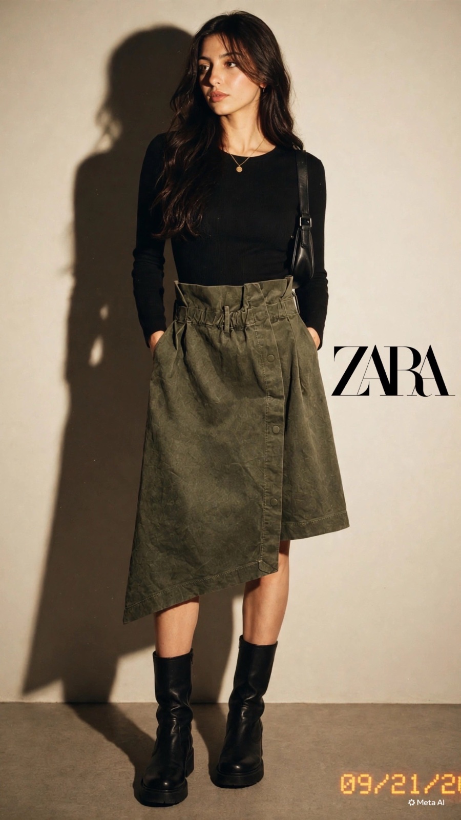 Jupe Zara Woman Paperbag vert foncé