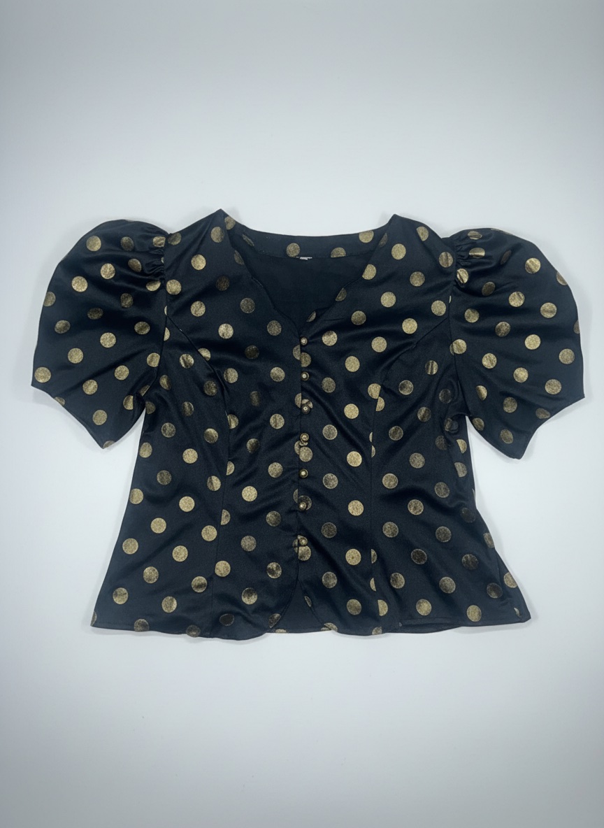 Blouse noire et dorée à pois et manches bouffantes