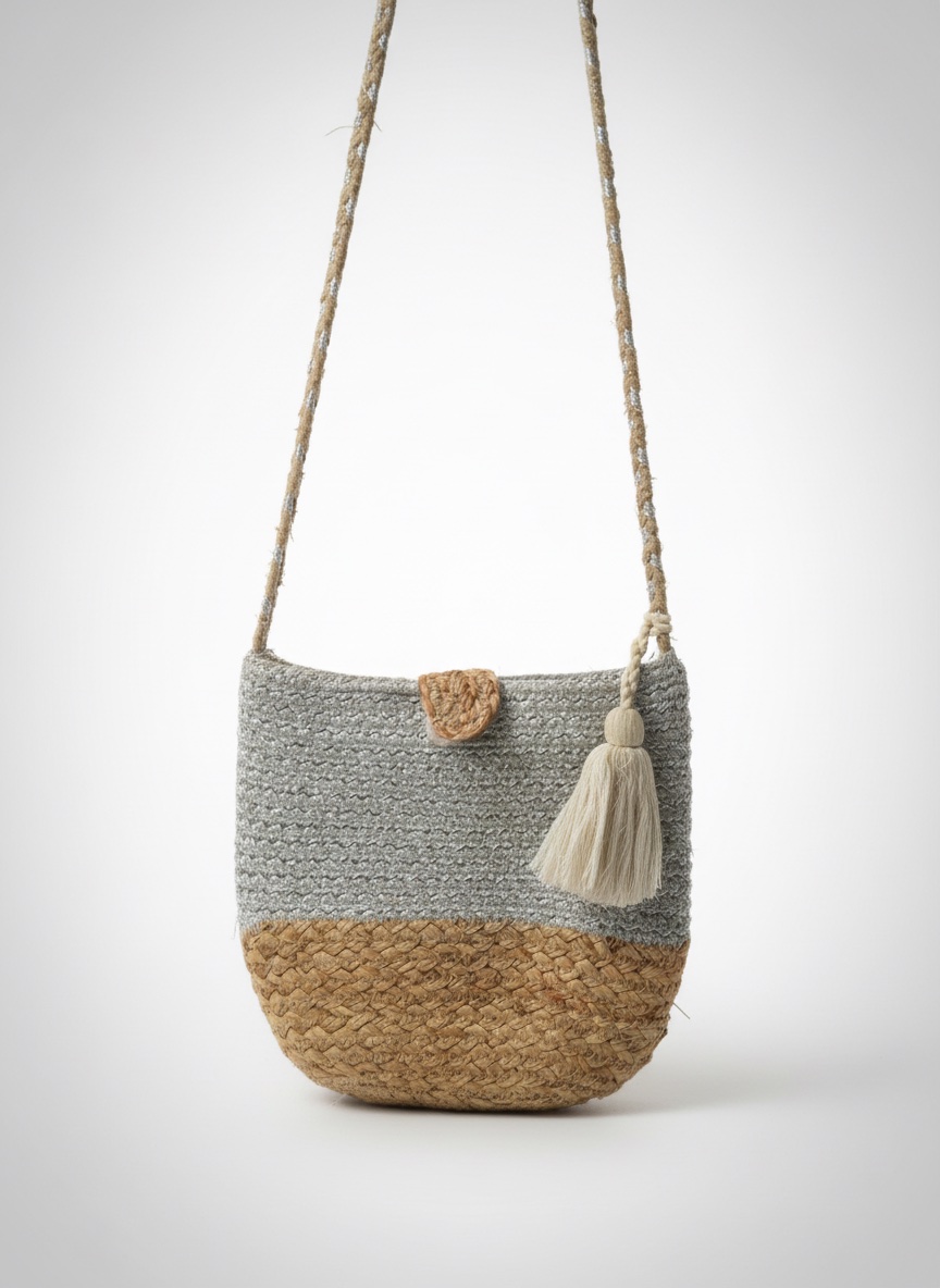 Sac bandoulière effet paille et fil argenté