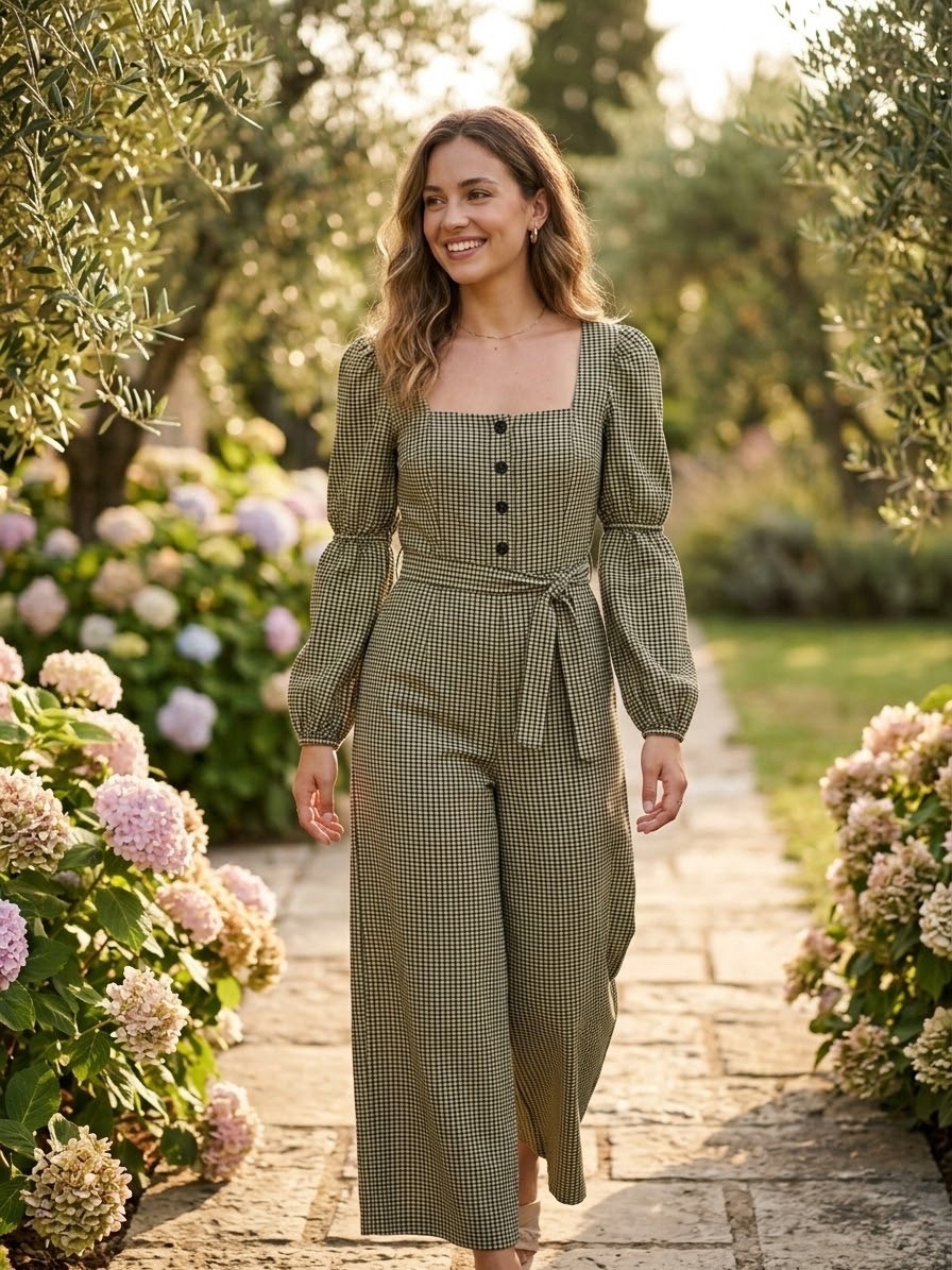 Combinaison à carreaux vichy vert olive et noir