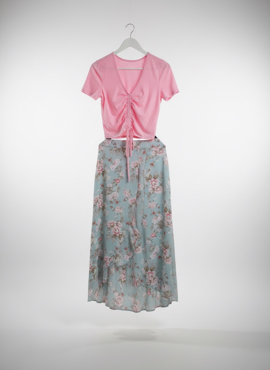 Ensemble haut rose et jupe longue fleurie