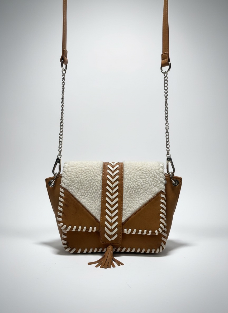 Sac bandoulière camel et effet mouton