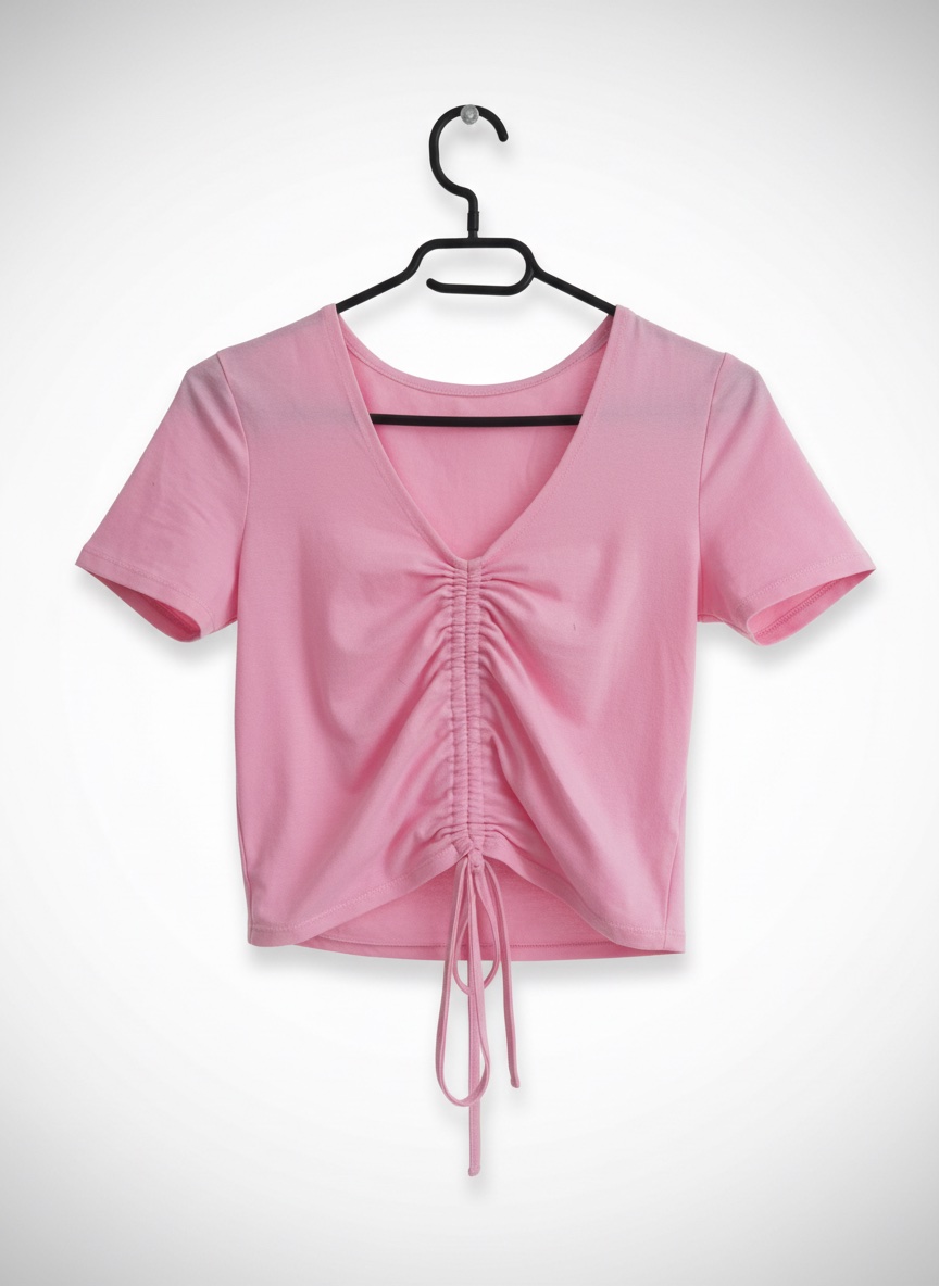 Crop top rose poudré à liens coulissants / T-shirt court col V