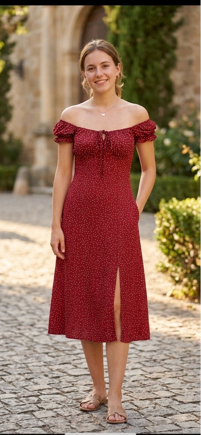 Robe midi rouge à pois – Col bardot & Fente
