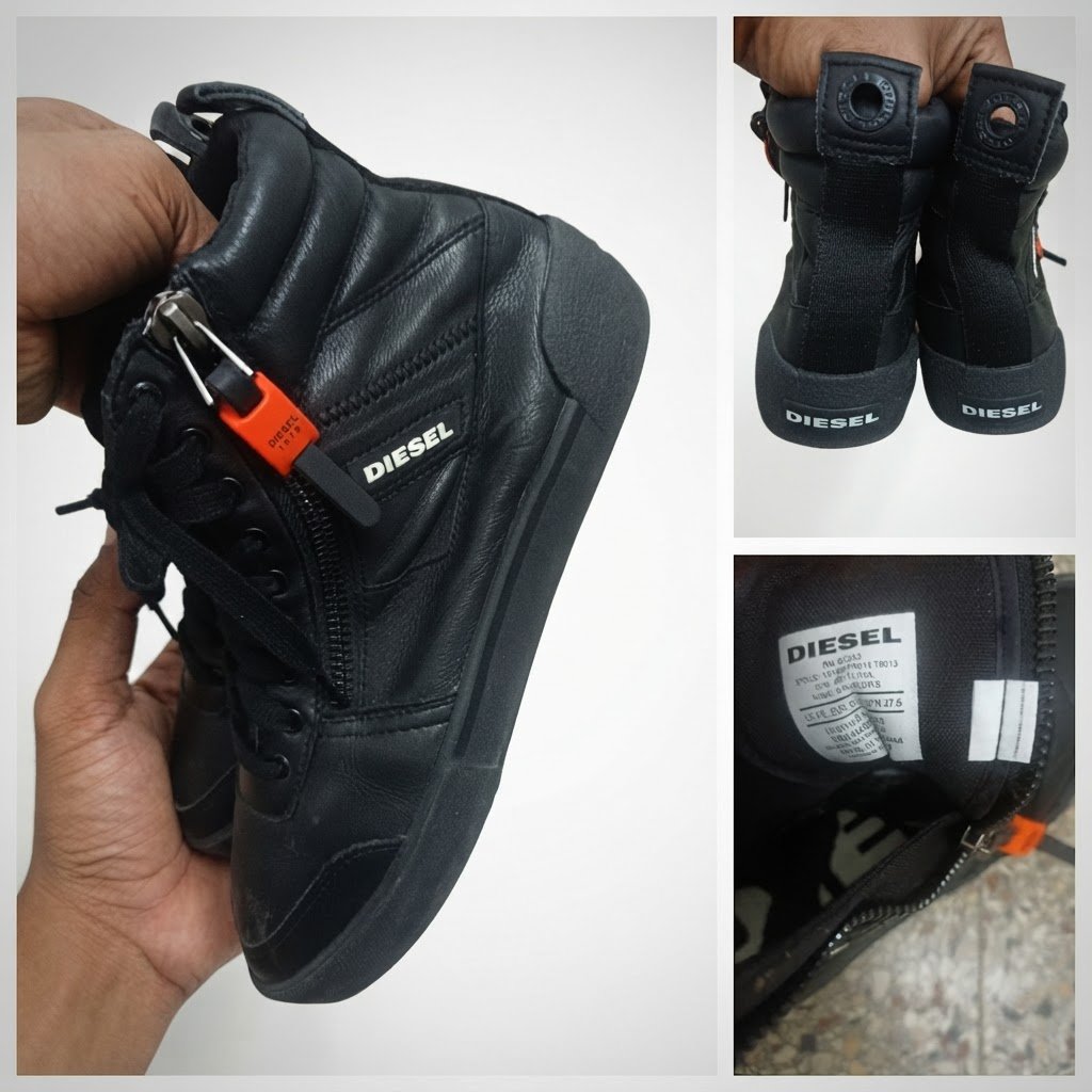 Basket montante Diesel authentique, en cuir véritable noir haut de gamme.