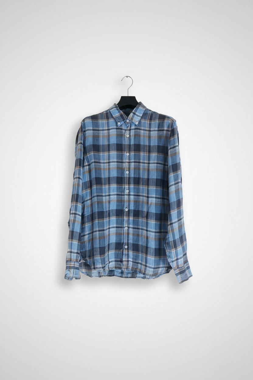 Chemise Mango Man authentique de la collection casual, en 100 % lin naturel et en excellent état (comme neuve). Elle se distingue par un motif à carreaux élégant mêlant bleu, marron et gris, avec une coupe Slim Fit moderne et confortable. 