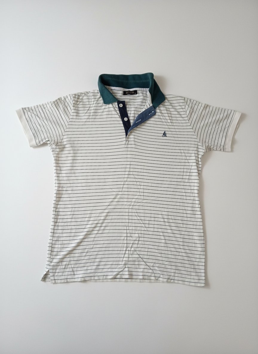 Polo Rayé Style Marin – Blanc et Bleu Canard – Très Bon État