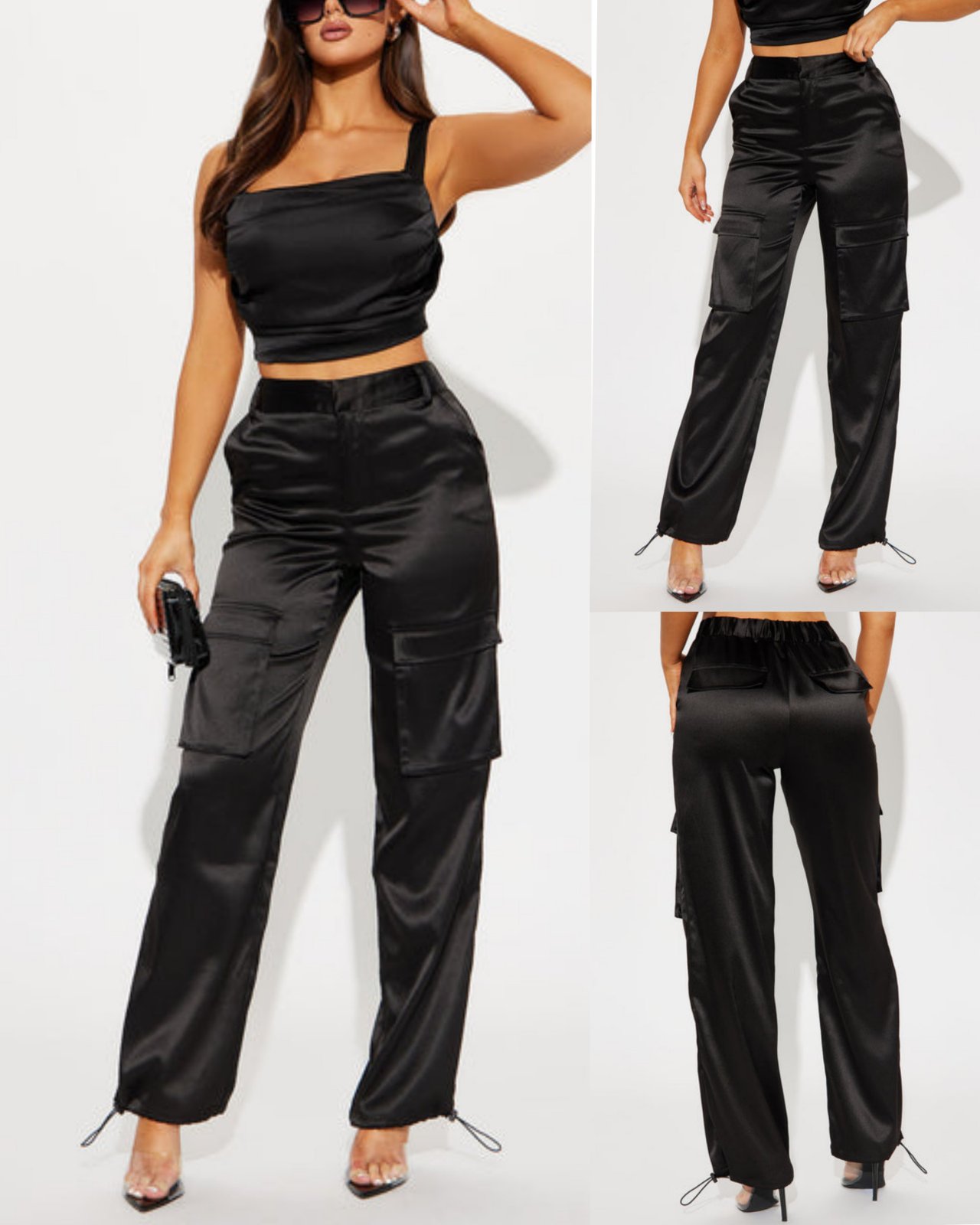 Pantalon cargo satiné très fluide 🖤