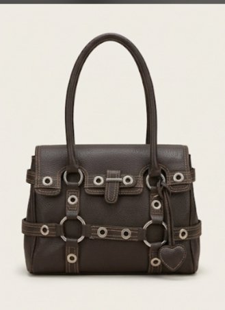 Sac à main marron chocolat Y2K / Grunge avec œillets et détails cœur
