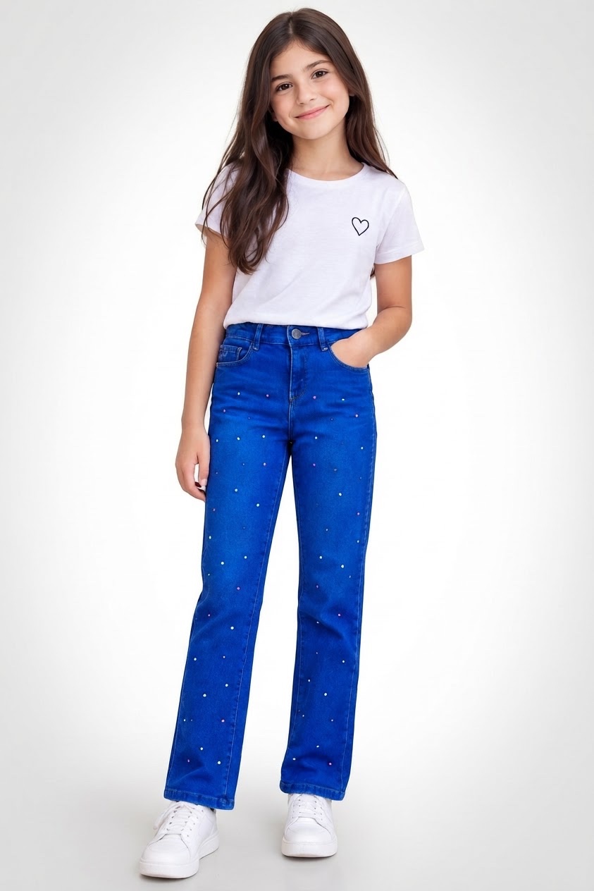 jean bleu droit pour enfant orné de petits strass ou de paillettes scintillantes sur toute la longueur des jambes Marque ZEN Neuf avec étiquette taille 14 ans