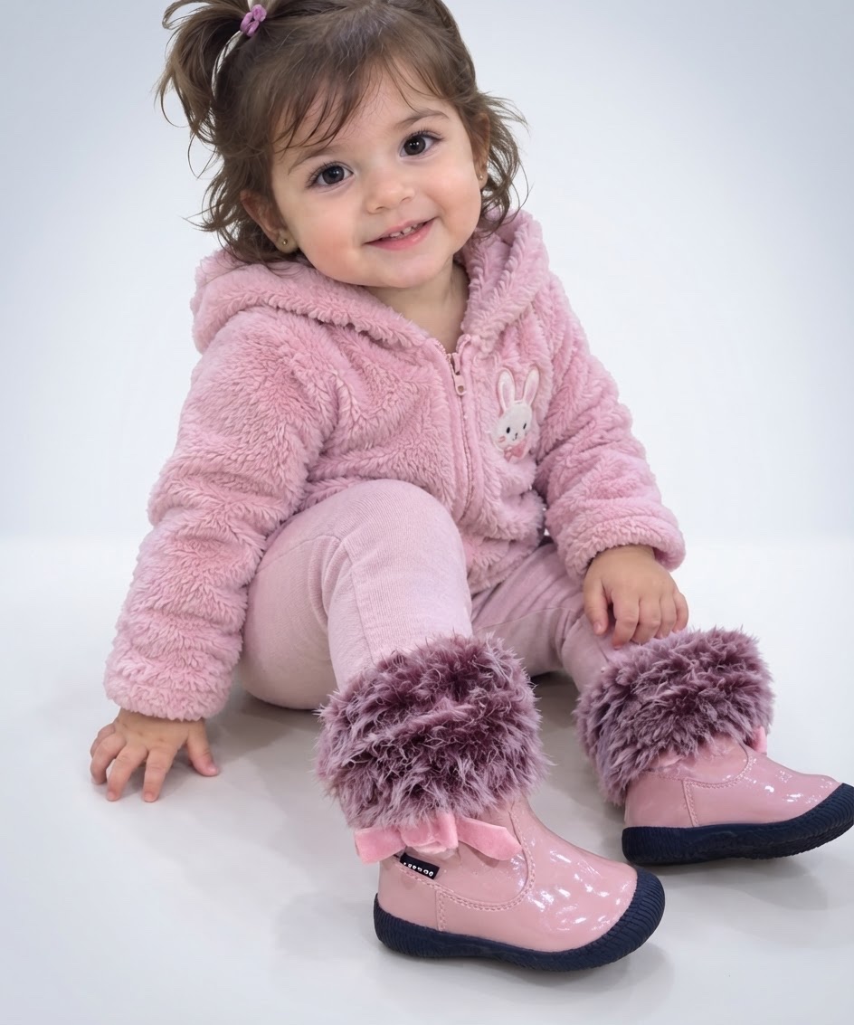 Ces bottines pour enfant de couleur rose poudré se distinguent par leur col en fausse fourrure duveteuse dans les tons bordeaux et leur semelle crantée noire avec un bout renforcé pointure 22