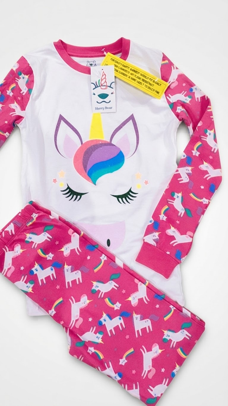 Cet article est un ensemble de pyjama pour fille de la marque Harry Bear, modèle licorne pailletée arc-en-ciel taille 10/11 ans