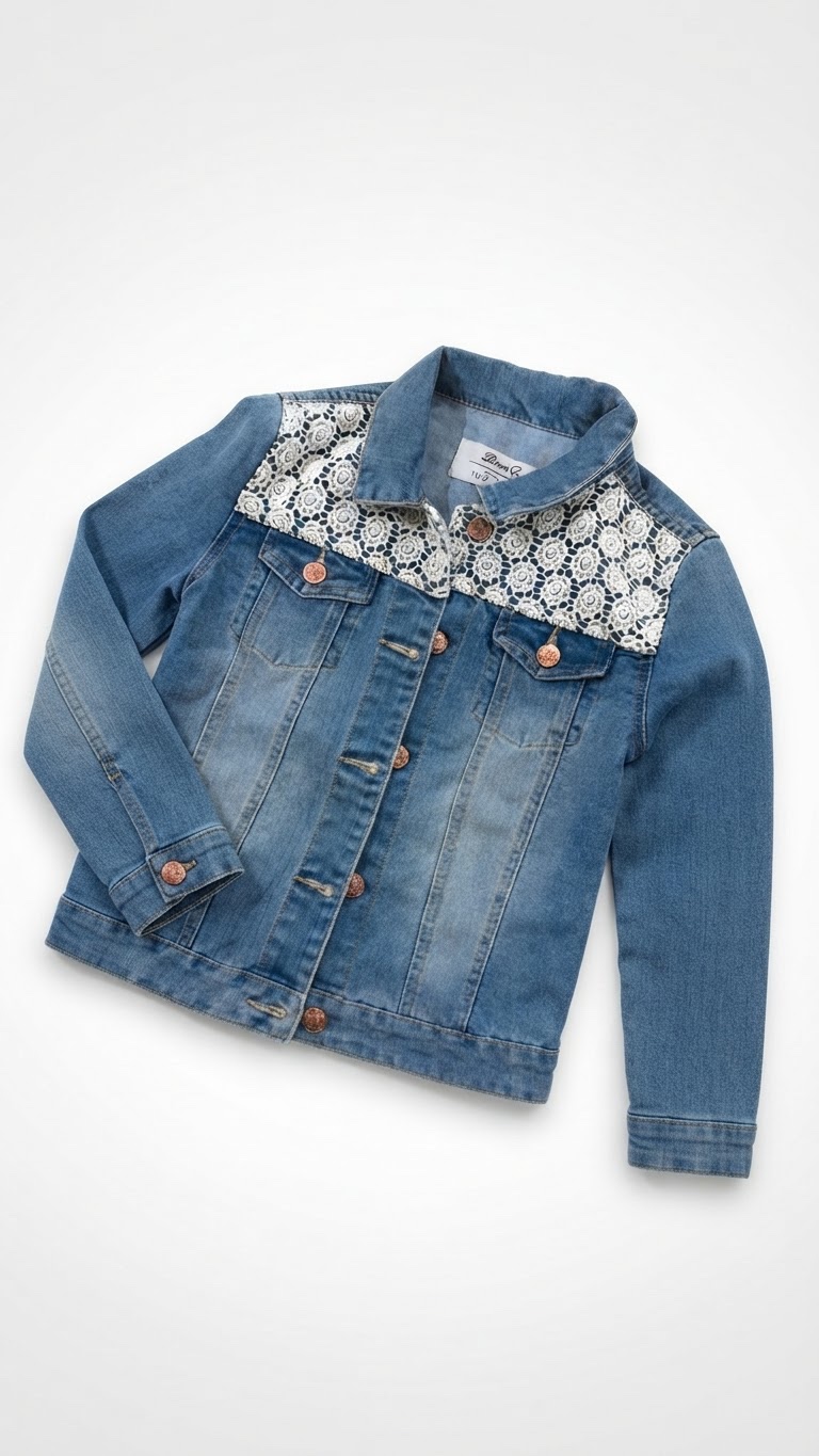 Veste en jean pour fille de couleur bleue avec un empiecement en dentelle blancHe sue la poitrine et le col