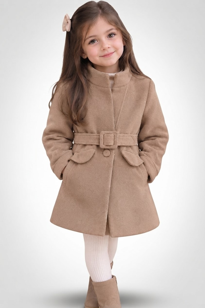  un manteau court ou trench-coat pour enfants de couleur beige clair avec une ceinture assortie à boucle