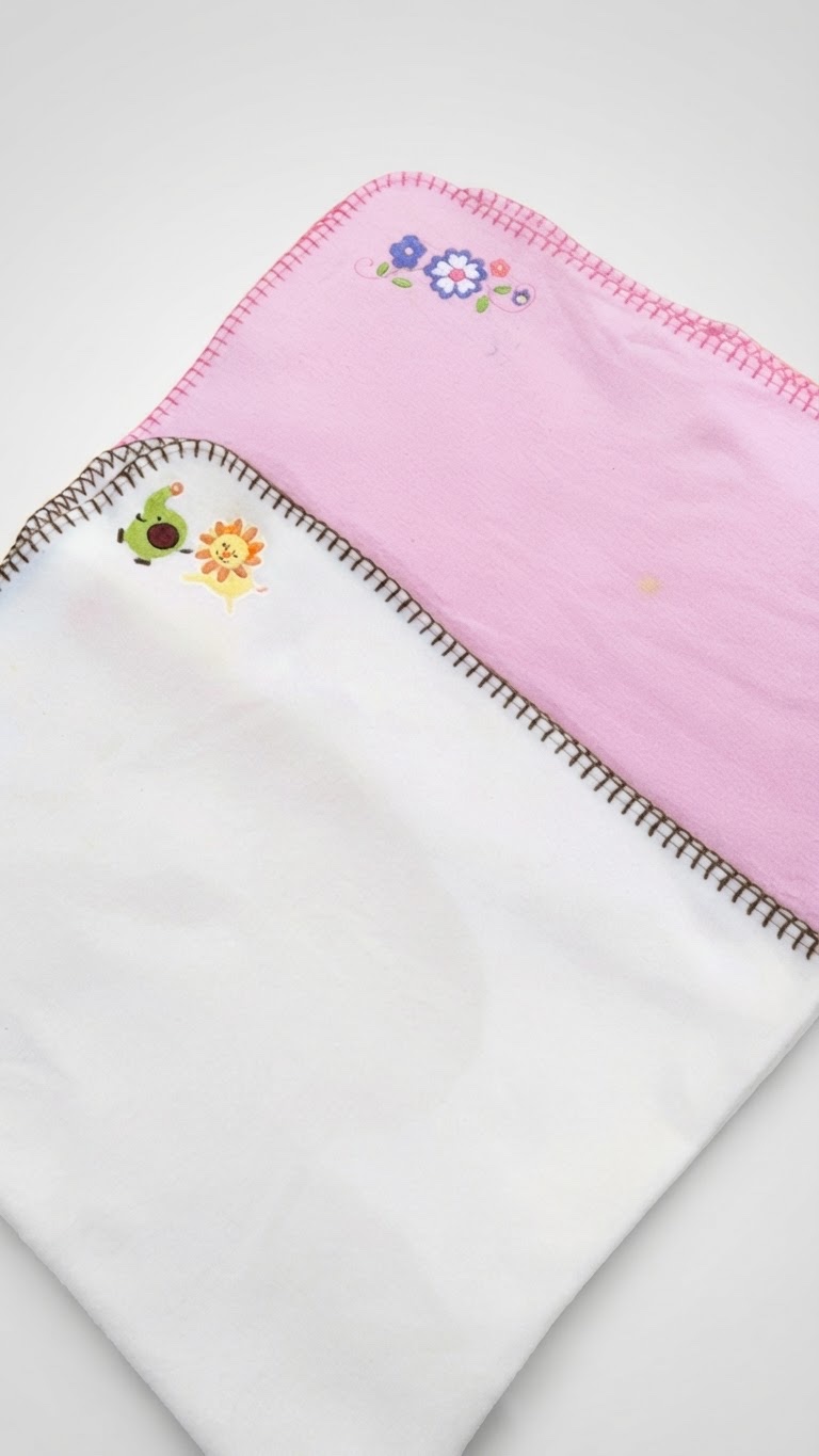 Lot de  deux petites couvertures pour bébé en tissu doux, l'une beige avec des motifs d'animaux (un lion et un éléphant) et l'autre rose avec des broderies de fleurs.