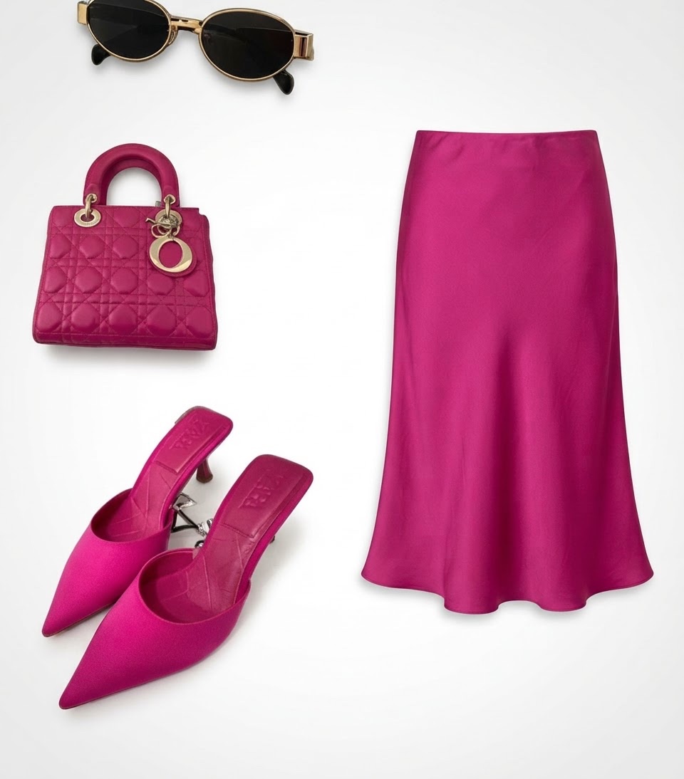 Jupe satin midi rose 