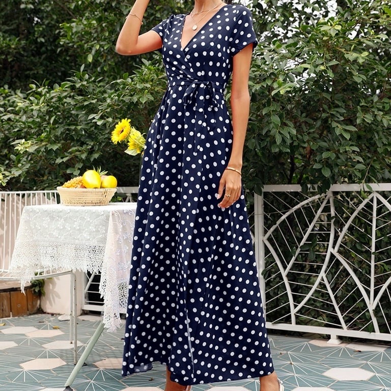 Robe blue marine polka dots satin 