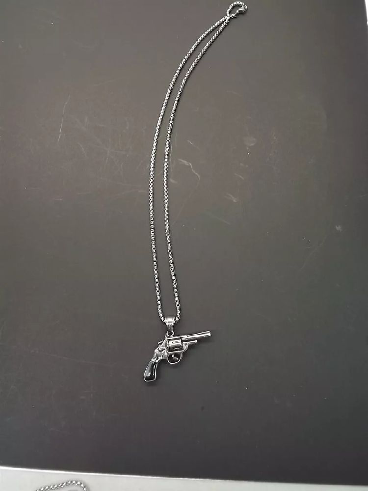 New hand-gun revolver Stainless Steel "black enamel handle" Pendant W/ 24" CHAIN