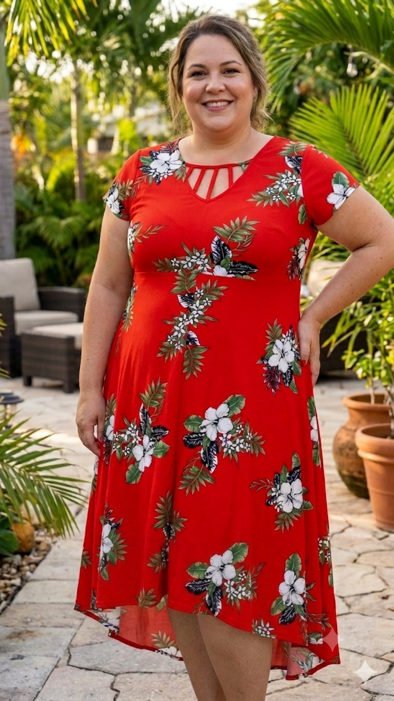 Robe d'été rouge fleurie / style tropical asymétrique