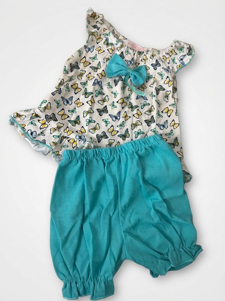Ensemble été fille haut papillons et bloomer turquoise 