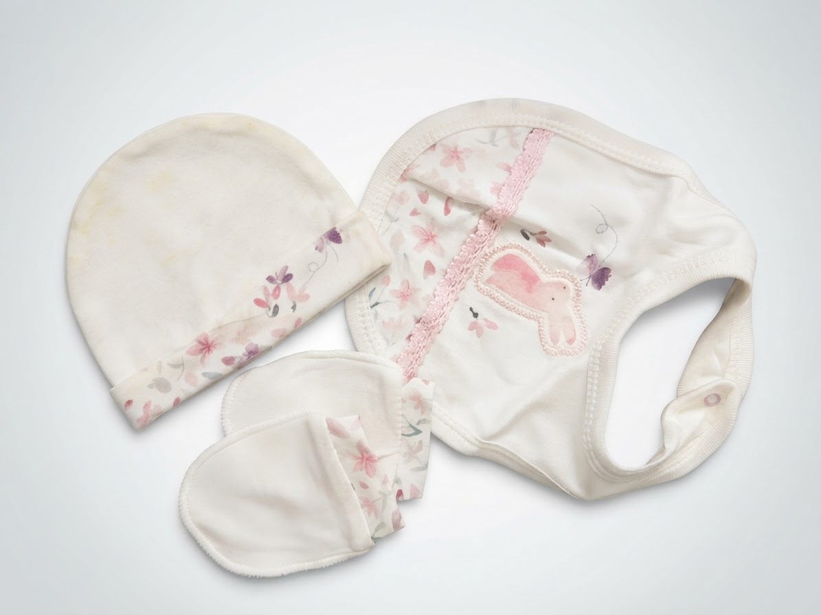 2 Set accessoires naissance (bavoir, bonnet, moufles)
