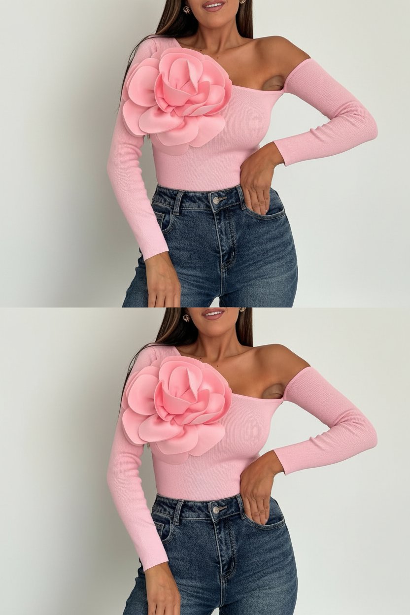 Je vends haut est un modèle asymétrique à une seule épaule, caractérisé par une imposante fleur en 3D sur le devant. Ce style romantique et moderne est souvent confectionné dans un tissu en maille côtelée pour un ajustement près du corps.