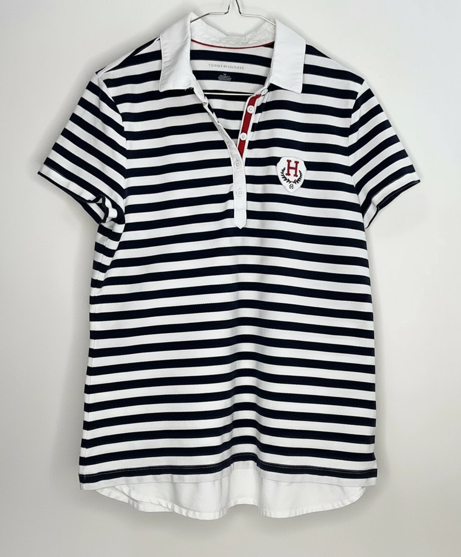 Ce polo Tommy Hilfiger blanc à rayures bleu marine style chemise en bon état taille s même M