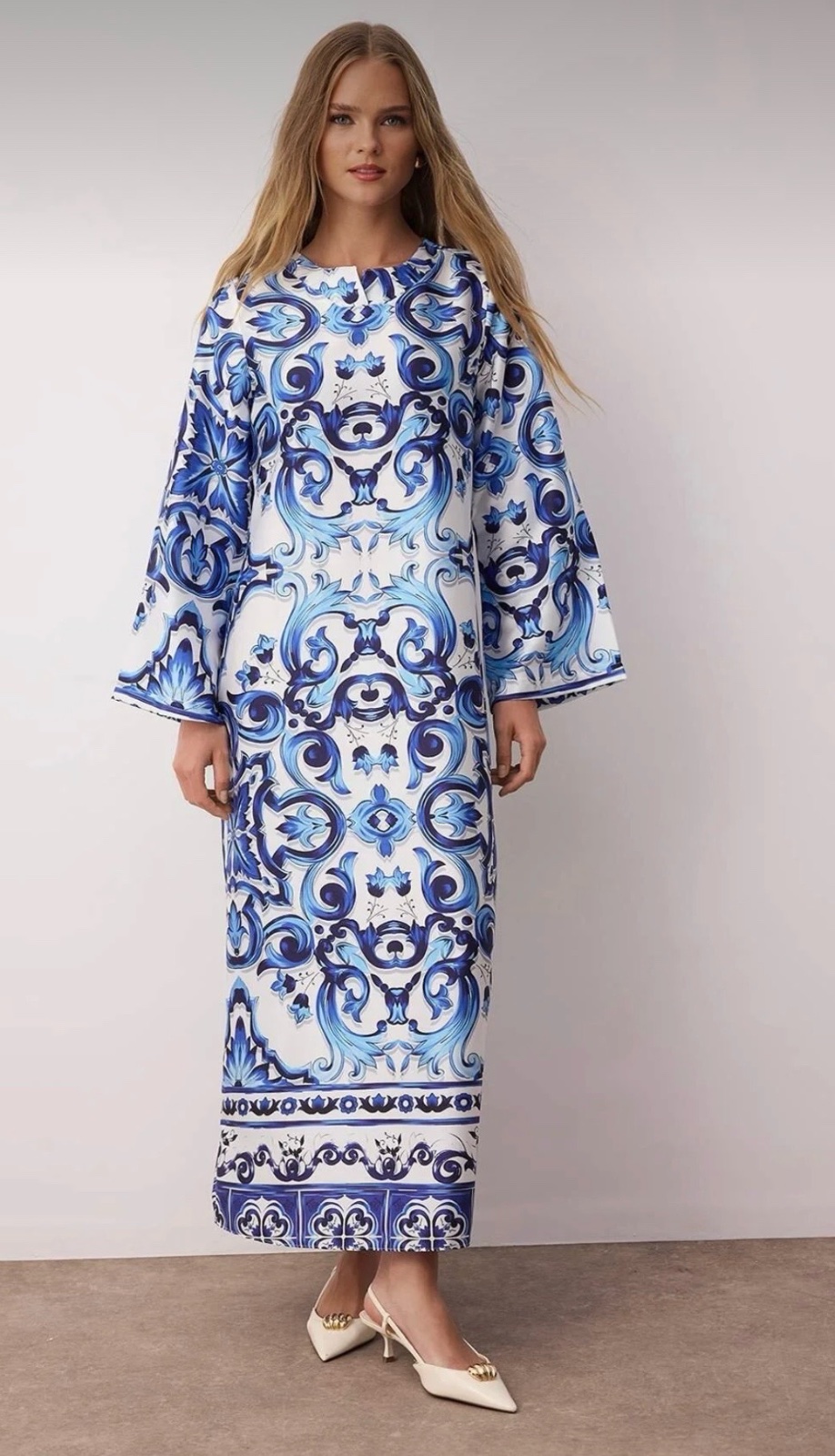 Blue Satin Ethnic Pattern Evening Dress Jalabiya Dress