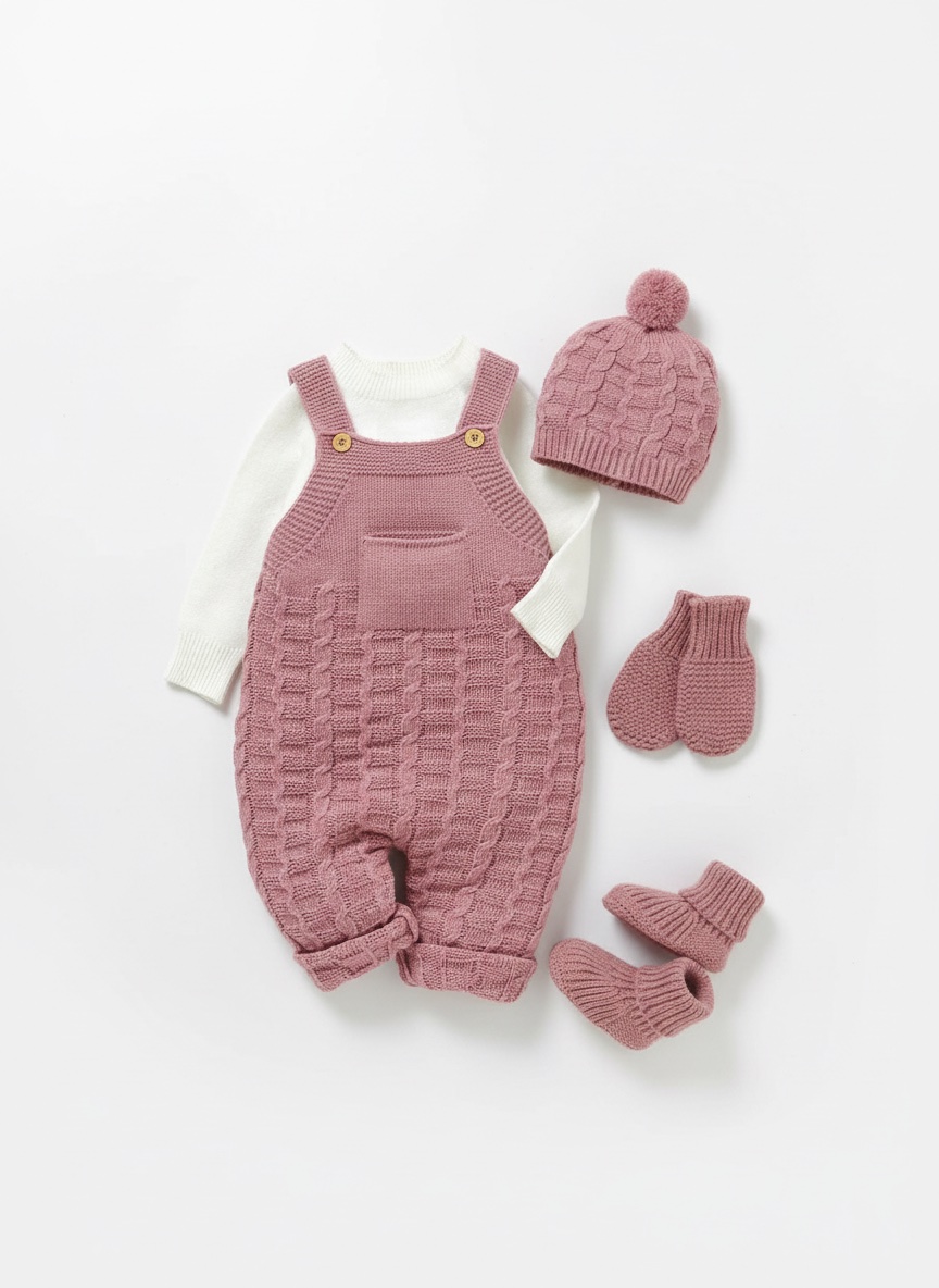 Vintaside Kids 4Pcs/Set Baby Girl Casual Solid Sweater Romper With Suspender Pants, Hat, Gloves And Shoes, For Autumn/Winter