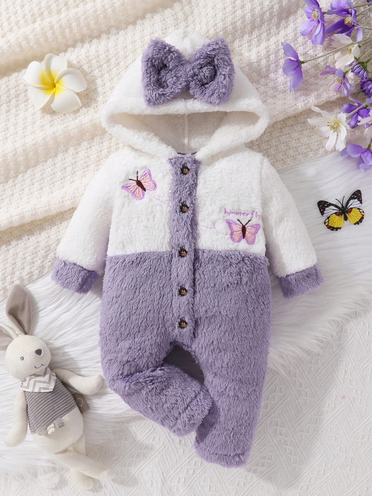 Cute & Comfortable Baby Girl Butterfly Embroidery Colorful Applique Bow Detail Hooded Romper, Soft & Cozy, Warm