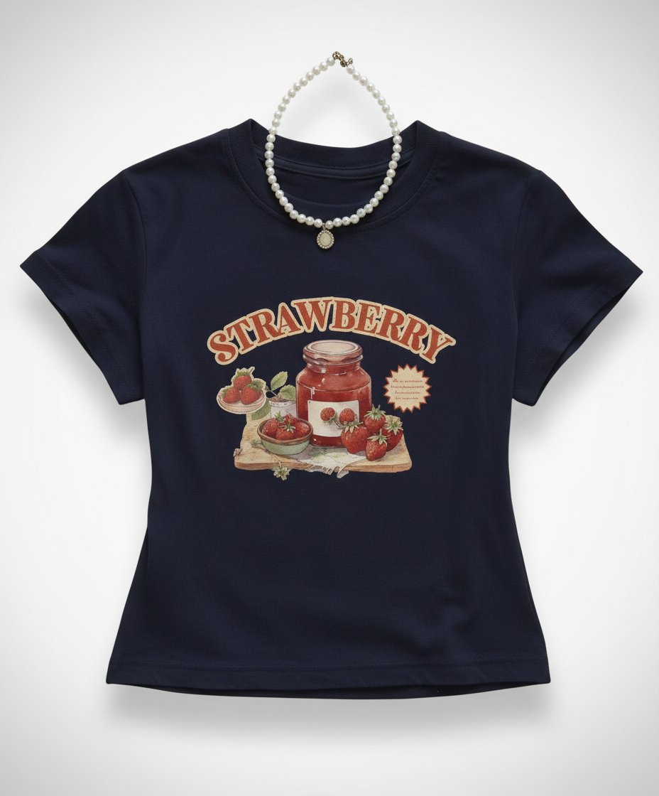  Women Strawberry Jam Graphic Round Neck Short Sleeve T-Shirt