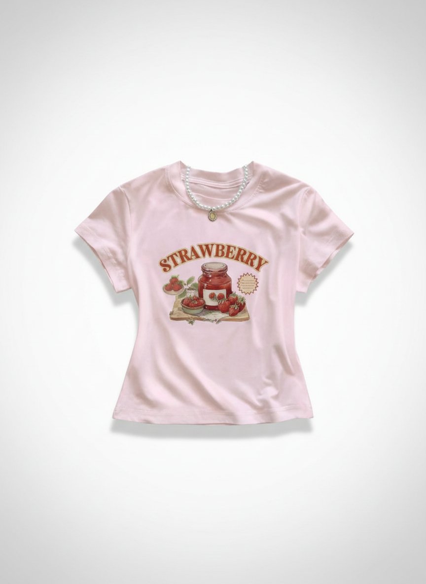  Women Strawberry Jam Graphic Round Neck Short Sleeve T-ShirtWLY Women Strawberry Jam Graphic Round Neck Short Sleeve T-Shirt