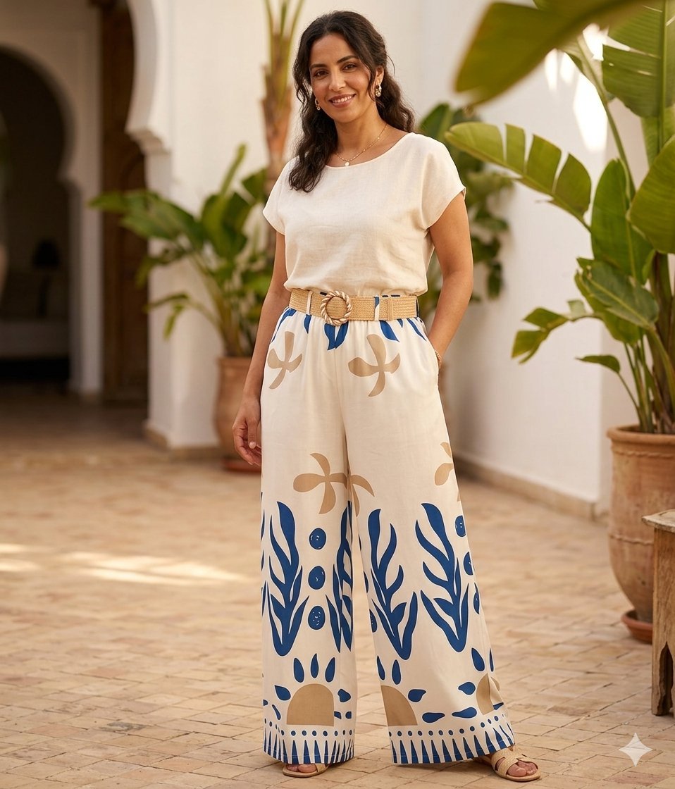 Pantalon large imprimé avec ceinture 