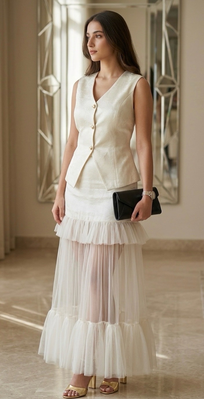Tailleur Élégant Jupe et Chemisier Blanc Cassé