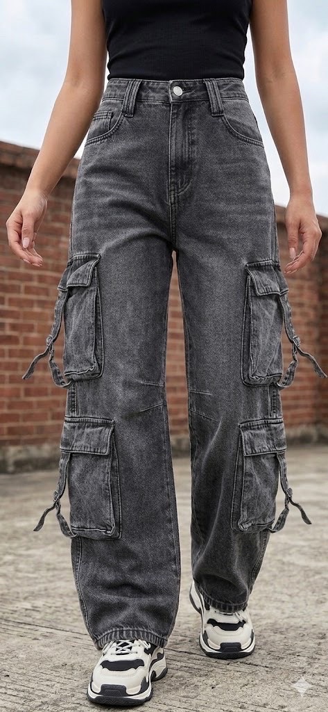 Jean Cargo Wide Leg – Gris Délavé
